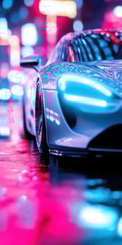 Futuristic Sports Car in Neon Cityscape at Night photo