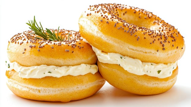 Indulge in the delightful world of bagels with this captivating image showcasing two perfectly crafted specimens, one adorned with a generous layer of creamy, savory cream cheese, inviting you to photo