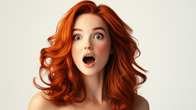 Surprised redhair woman portrait. Shocked face expression of young woman photo