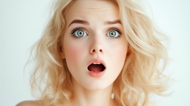 Blonde woman with shocked face expression isolated on white background photo