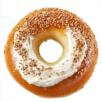 Indulge in the Delightful World of Bagels A Close-Up Look at a Sesame-Sprinkled Cream Cheese Bagel, Showcasing its Golden Crust, Soft Interior, and Generous Cream Cheese Filling, Perfect for photo