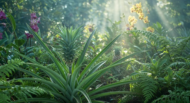 Tropical plants in the forest with sunlight shining through photo