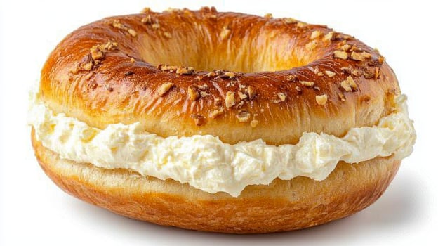 Indulge in a delectable delight with this close-up image of a golden-brown bagel, perfectly adorned with a generous schmear of creamy, smooth cream cheese, inviting you to savor the simple pleasures photo