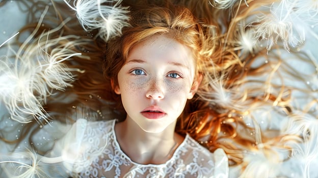 Dreamy portrait of a girl with enchanting blue eyes surrounded by delicate feathers photo