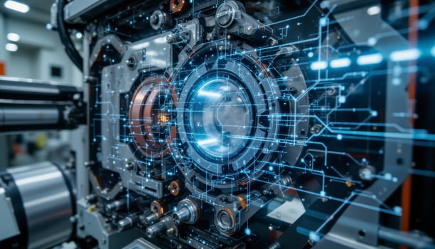 Explore the intricate details of advanced technology, showcasing a complex machine with glowing blue accents and visible circuitry Perfect for illustrating innovation, future concepts, and the power photo