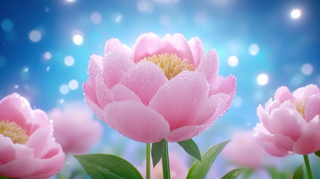 Dew Kissed Pink Peonies Blooming in a Soft Blue Garden photo