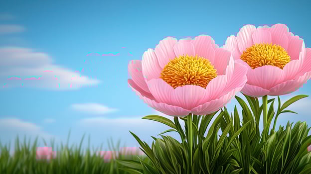 Two Pink Peonies Blooming in a Sunny Meadow under a Blue Sky photo