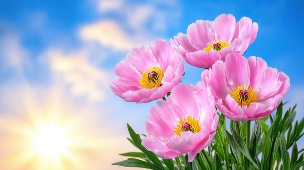Four Pink Peonies Blooming in Sunlight Vibrant Spring Flowers against a Sunny Sky photo