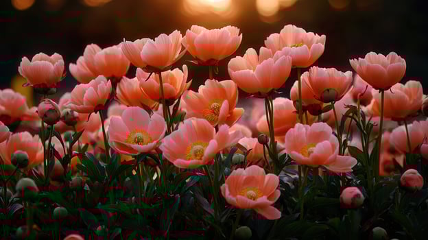 Peach Peonies Blooming in Sunset Light Beautiful Spring Flowers photo