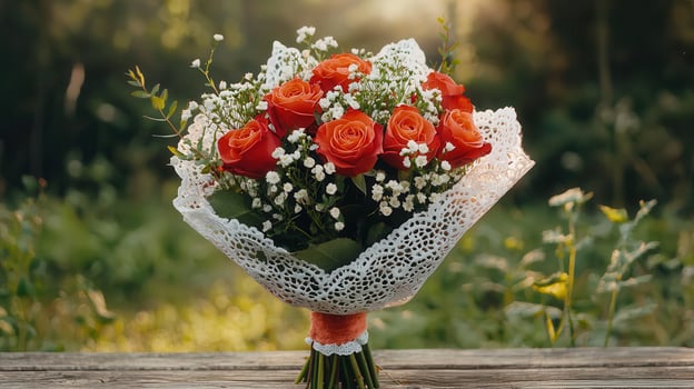 Romantic Orange Rose Bouquet in Lace Wrapping Outdoor Setting Summer Flowers photo