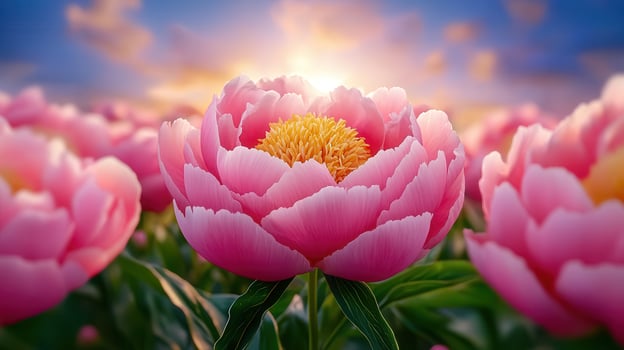Stunning Pink Peonies Blooming at Sunset in a Field Floral Nature Background photo