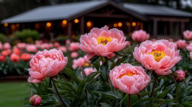 Stunning Pink Peonies Blooming in a Garden at Dusk Illuminated Building Background photo
