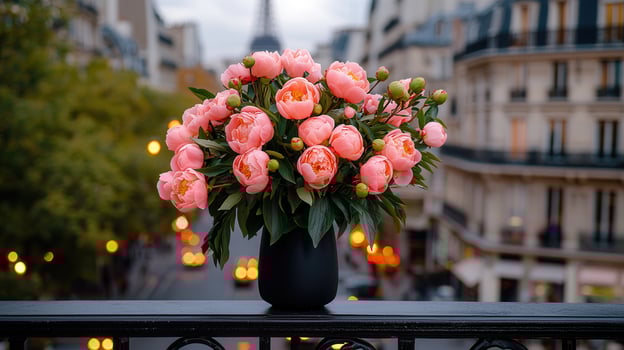 Parisian Cityscape with Blooming Pink Peonies in Vase on Balcony photo