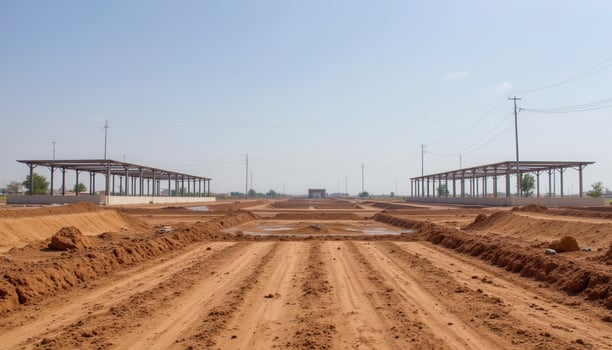 Discover a serene landscape featuring an open construction site under a clear sky, showcasing unfinished buildings with steel framework and neatly plowed land This vast expanse captures the essence photo
