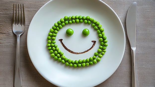 Delightful Food Art A Whimsical Smiley Face Crafted from Fresh Green Peas on a Crisp White Plate, Flanked by Elegant Silverware, Evokes Joy and Healthy Eating, Perfect for Promoting Nutritional photo