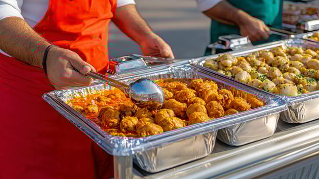 Delicious street food catering in an outdoor setting showcases a variety of flavorful dishes, including tender meatballs in savory sauces and golden, crispy potatoes, presented in aluminum trays photo
