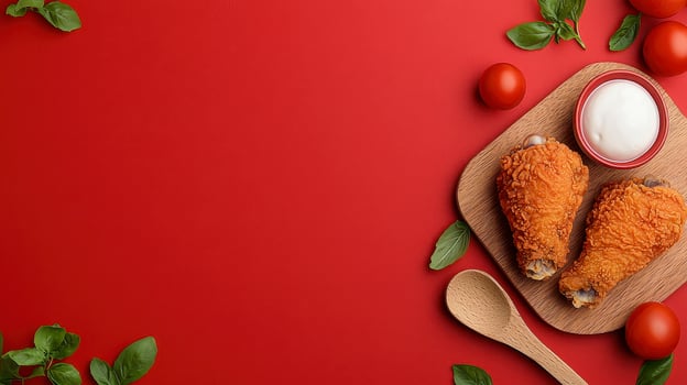 Delicious fried chicken drumsticks served on a wooden board with creamy dipping sauce, accompanied by fresh tomatoes and vibrant basil leaves, all beautifully arranged on a striking red background photo