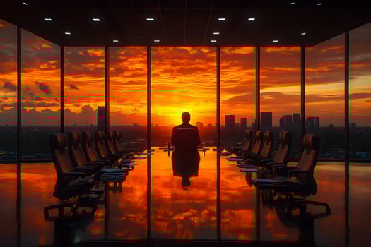 Silhouette of a Business Leader Overlooking Cityscape at Vibrant Sunset - Motivational and Corporate Concept photo