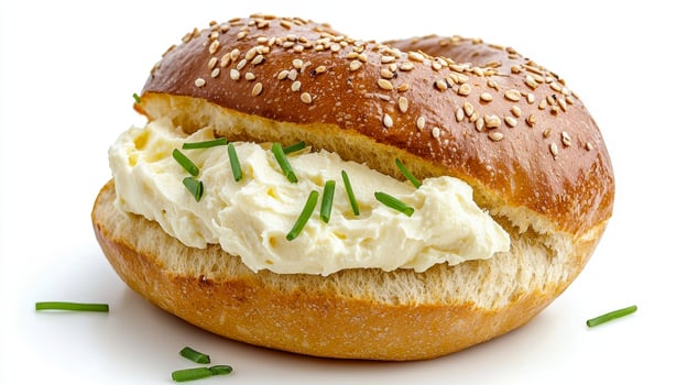 Delicious Bagel with Cream Cheese and Fresh Chives A High-Resolution Image for Food Lovers and Culinary Enthusiasts This appetizing photo showcases a golden-brown sesame bagel generously filled with