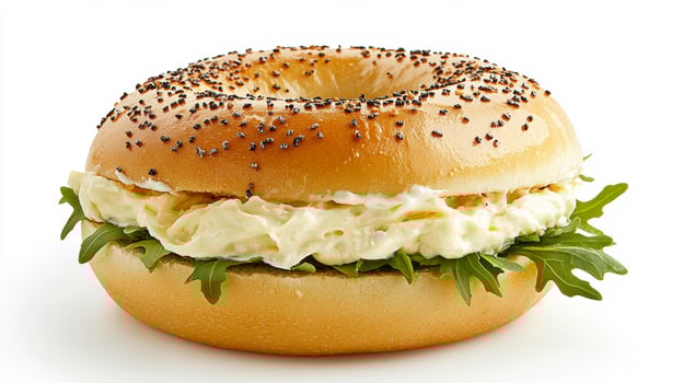 Delicious Bagel with Cream Cheese and Arugula A Fresh and Flavorful Bite, Perfect for Breakfast or Brunch Experience the Creamy Smoothness of the Cheese, the Peppery Bite of Arugula, and the Chewy photo