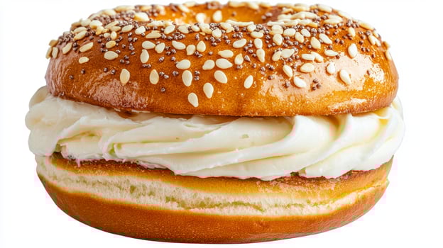 Delicious Bagel with Cream Cheese A High-Resolution Image Showcasing a Freshly Baked Bagel Topped Generously with Smooth, Creamy Cream Cheese, Perfect for Breakfast, Brunch, or a Quick Snack This photo