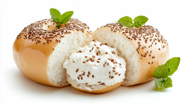 Delicious Bagel with Cream Cheese A Culinary Delight Featuring a Fresh Bagel Cut in Half, Filled with Creamy Cheese and Sprinkled with Chia Seeds, Garnished with Vibrant Green Mint Leaves, Perfect photo