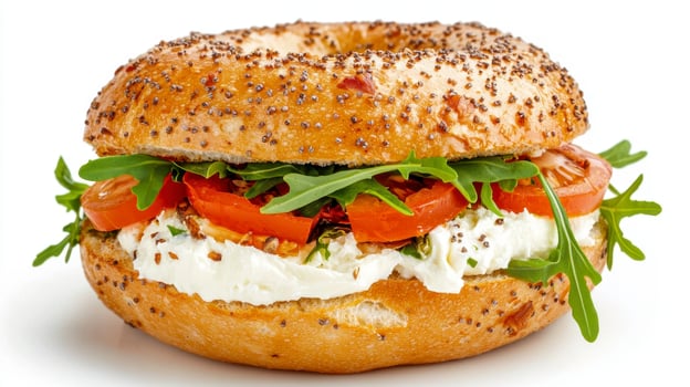 Delicious Bagel Sandwich with Cream Cheese, Tomatoes, and Arugula A Mouthwatering Close-Up Shot Perfect for Food Blogs, Recipe Websites, and Culinary Marketing Materials Showcase Fresh Ingredients photo
