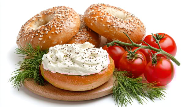 Delicious Bagel Breakfast A close-up shot showcasing a sesame seed bagel with a generous smear of poppy seed cream cheese, accompanied by ripe red cherry tomatoes on the vine and fresh green dill A photo