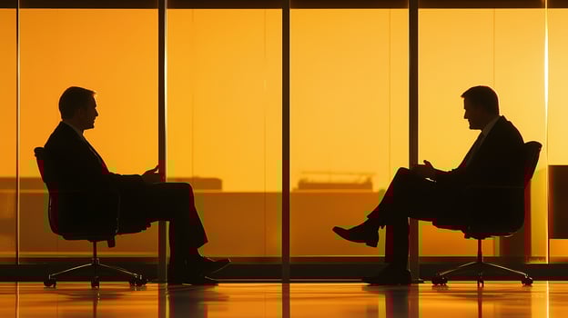 Two businessmen discussing during sunset in office photo