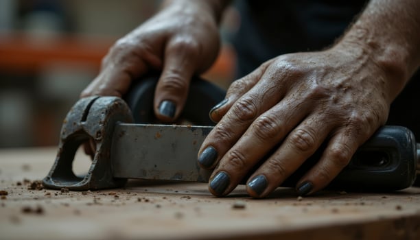 Close-up Image Depicting the Rugged Hands of a Craftsman Diligently Working on a Woodworking Project, Showcasing the Texture of the Wood Grain, the Tools Being Used, and the Dedication to photo