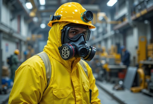 Engineer in yellow hazmat suits, gas masks Wear protective gear. Indoor industrial accident response. photo