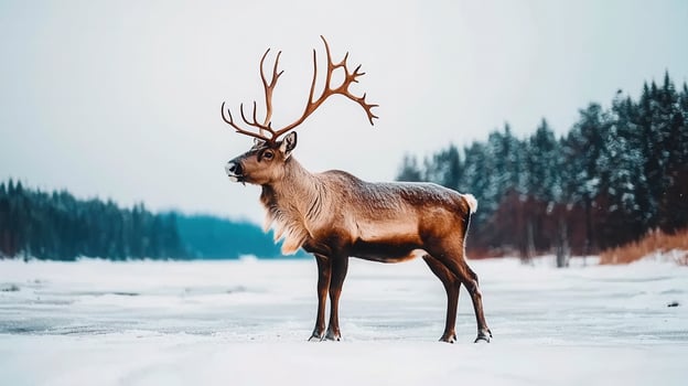 Majestic Reindeer Buck in Snowy Winter Landscape Cold Season Wildlife photo