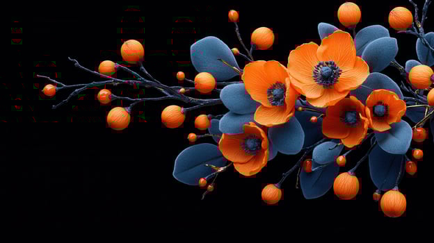 Vibrant Orange Flowers with Blue Leaves and Berries on Black Background Autumn Floral Arrangement photo