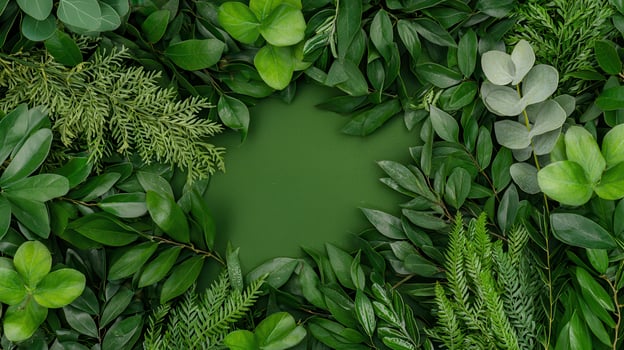 Lush Green Foliage Frame Botanical Background with Various Greenery Types photo