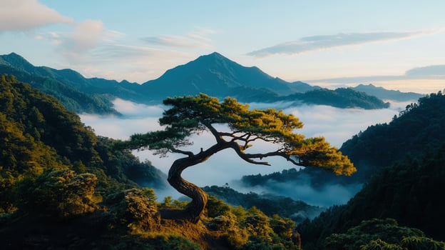 Majestic Bonsai like Pine Tree on Mountaintop Overlooking Misty Valley Landscape at Sunrise photo
