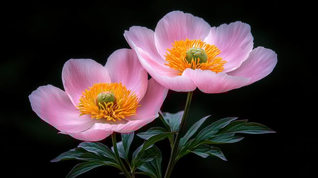 Two Delicate Pink Peonies Blooming Close Up on Black Background photo