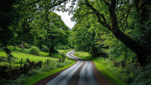 Serene Winding Country Road Through Lush Green Summer Forest Landscape photo