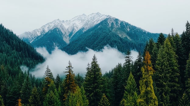 Majestic Snow Capped Mountains and Misty Evergreen Forest Landscape photo
