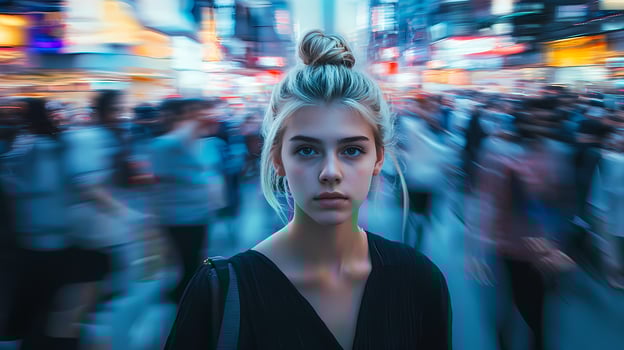 Young woman standing still in blurred crowd of moving people photo