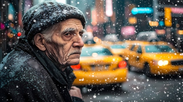 Elderly man braving snowfall in busy city street photo