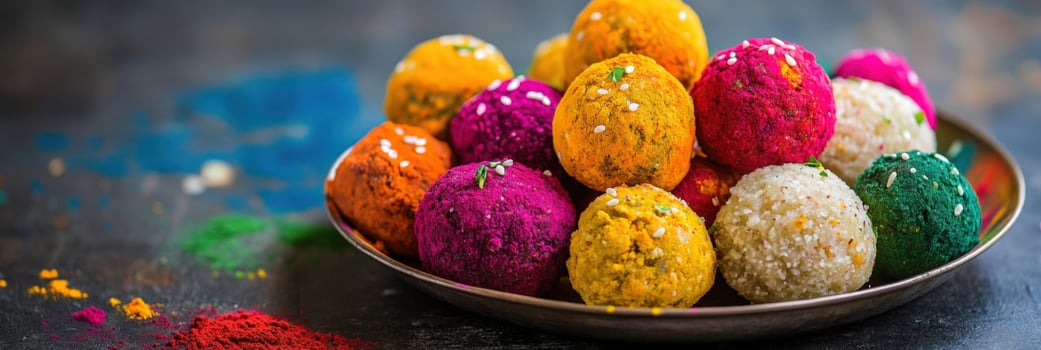 Colorful colored balls in a bowl on a table photo