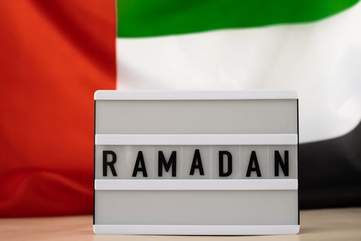 RAMADAN text frame on United Arab Emirates waving flag made from silk material. Public holiday celebration background. Commemoration Day Muslim The National Flag of UAE. Patriotism Blessed Holy Month concept photo
