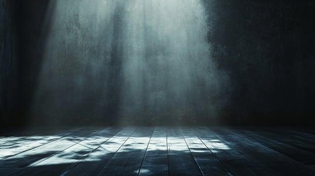 A stark, moody space illuminated by ethereal shafts of light, casting shadows on a dark wooden floor and textured wall. A sense of mystery. photo