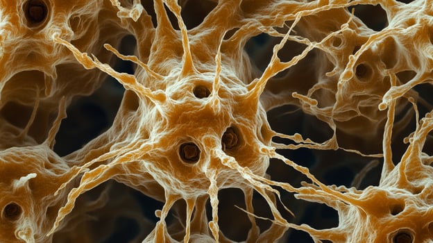 A highly detailed, microscopic view showcases a complex cellular structure, highlighted by intricate connections and organic textures. photo