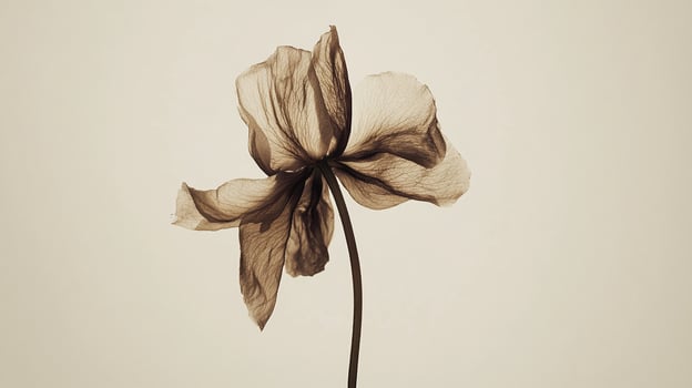 Monochromatic floral close-up, delicate petals backlit, minimalist botanical photography, serene flower portrait, sepia tones evoke timeless beauty. photo