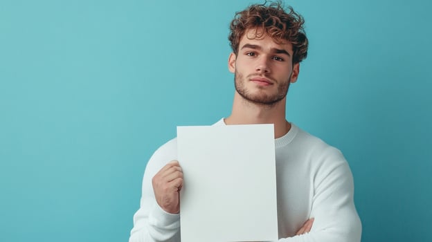 Handsome man confidently holding a blank white sign against a vibrant blue background. Perfect for promoting various messages and ideas. photo