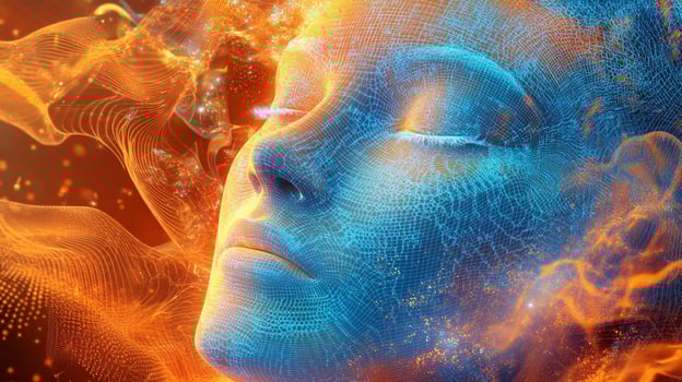 Abstract image of a face created with orange and blue glowing shapes. The person's eyes are closed. The overall tone is dreamlike. photo