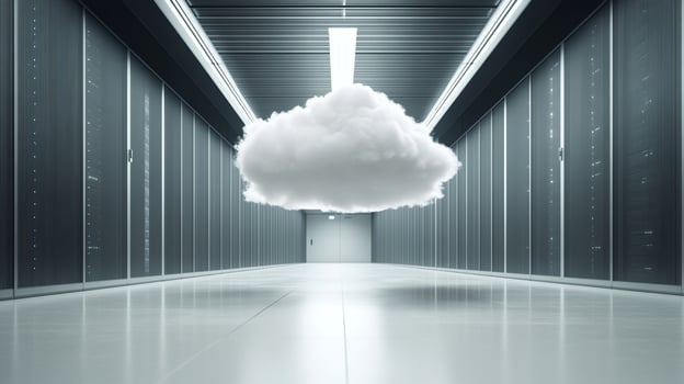 A cloud hovers in a server room, symbolizing cloud computing and data storage within a modern and secure environment. photo