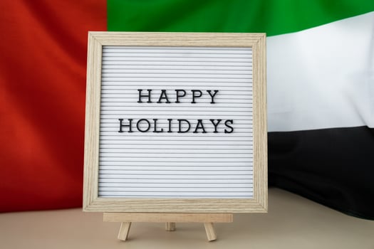 Message HAPPY HOLIDAYS on background waving flag of UAE. Independence Commemoration Day Muslim, Ramadan, Day of flag National holiday of United Arab Emirates. Arabian holidays. Dubai celebration photo