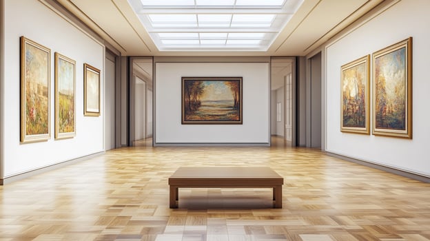 Art gallery showcasing landscape paintings with natural light filtering through a skylight, creating a serene atmosphere for art viewing. photo